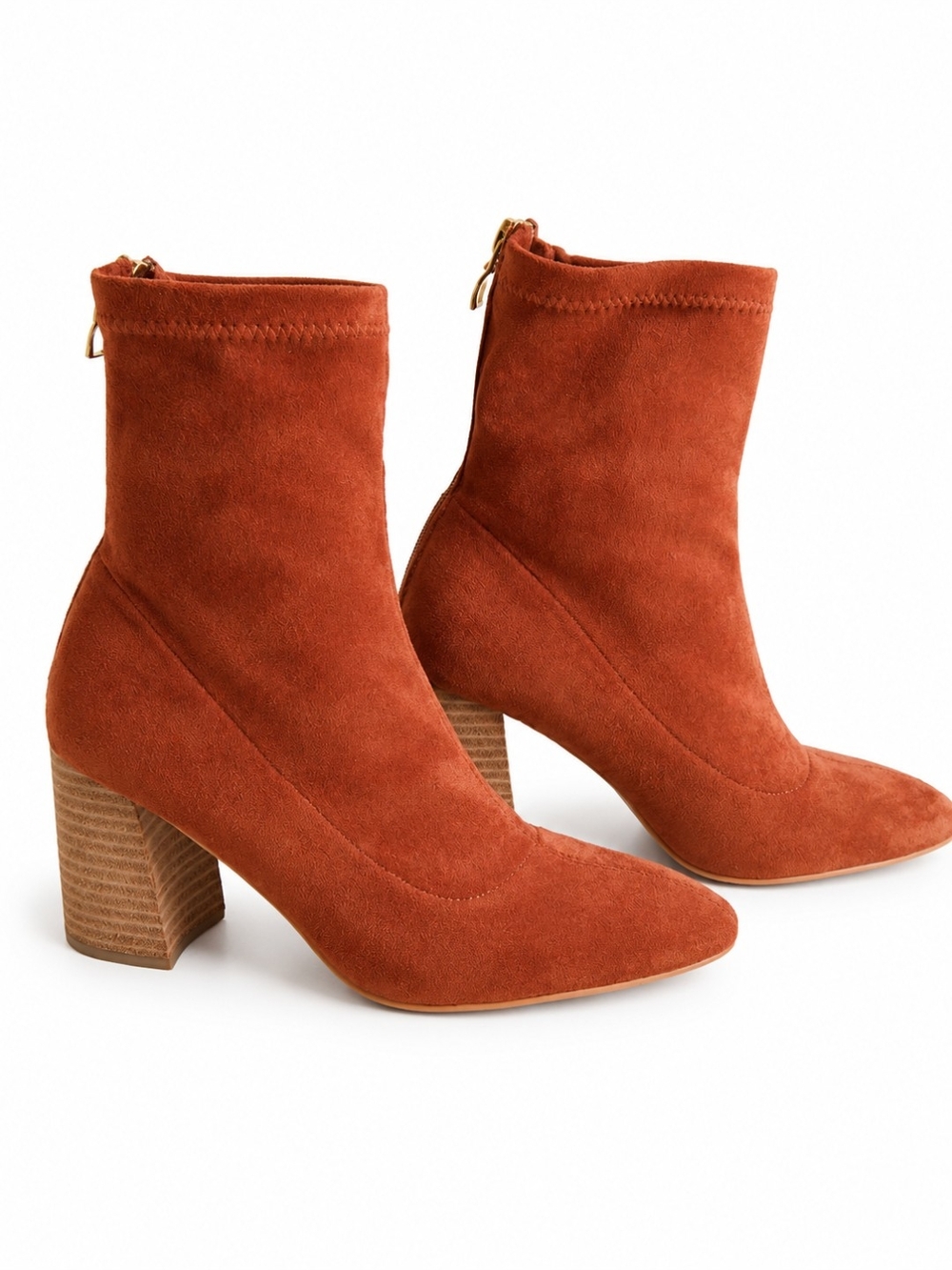 So Me Genuine Suede Sock Ankle Boots Sz 7 Rust Camel Pointed Toe Block Heel EUC